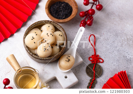 Tang yuan rice dumpling balls for Chinese lunar New year celebration 121980303