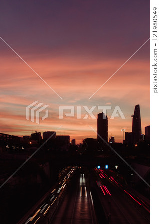 Bitexco and Landmark 81 at Sunset in Ho Chi Minh City with Saigon Bridge and Scenic View. High quality photo 121980549