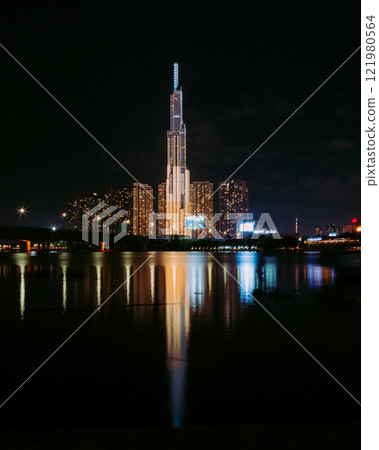 Bitexco and Landmark 81 at Sunset in Ho Chi Minh City with Saigon Bridge and Scenic View 121980564