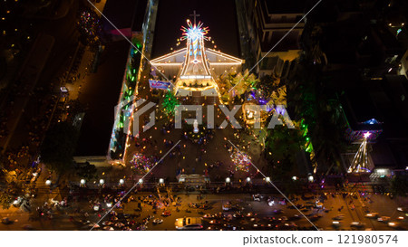 Binh An Church at Christmas Aerial Flycam View with Stunning Festive Lighting 121980574