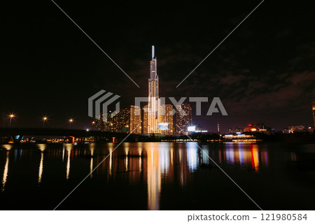 Bitexco and Landmark 81 at Sunset in Ho Chi Minh City with Saigon Bridge and Scenic View 121980584