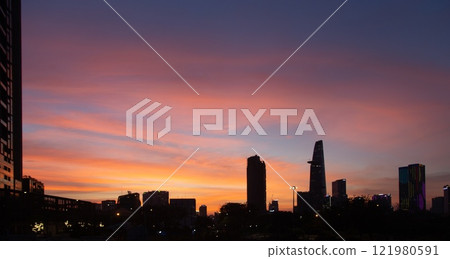 Bitexco and Landmark 81 at Sunset in Ho Chi Minh City with Saigon Bridge and Scenic View. High quality photo 121980591