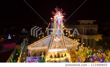 Binh An Church at Christmas Aerial Flycam View with Stunning Festive Lighting 121980603