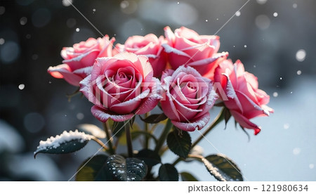 rose flower with snowfall on background rose flower with snowfall on background 121980634