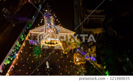 Binh An Church at Christmas Aerial Flycam View with Stunning Festive Lighting Binh An Church at Christmas Aerial Flycam View with Stunning Festive Lighting 121980635
