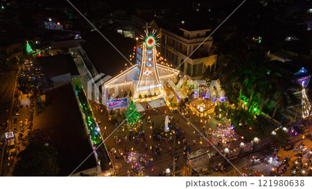 Binh An Church at Christmas Aerial Flycam View with Stunning Festive Lighting Binh An Church at Christmas Aerial Flycam View with Stunning Festive Lighting 121980638