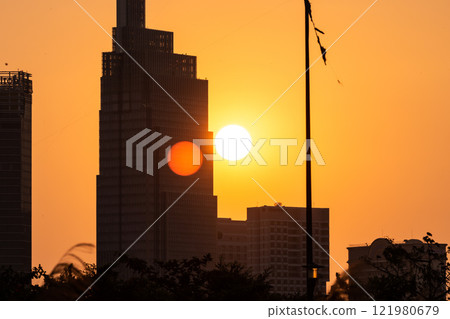 Bitexco and Landmark 81 at Sunset in Ho Chi Minh City with Saigon Bridge and Scenic View. High quality photo 121980679