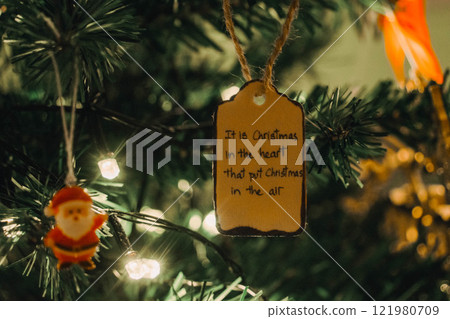 Handmade Wooden Christmas Nativity Scene with Lights and Pine Tree Festive Holiday Decor and Warm Wishes. High quality photo 121980709