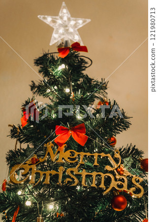Handmade Wooden Christmas Nativity Scene with Lights and Pine Tree Festive Holiday Decor and Warm Wishes. High quality photo 121980713