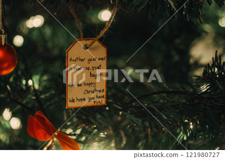 Handmade Wooden Christmas Nativity Scene with Lights and Pine Tree Festive Holiday Decor and Warm Wishes. High quality photo 121980727