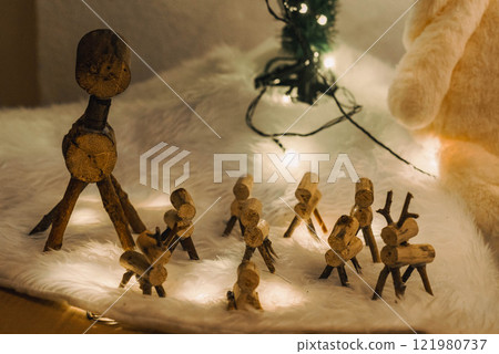 Handmade Wooden Christmas Nativity Scene with Lights and Pine Tree Festive Holiday Decor and Warm Wishes. High quality photo Handmade Wooden Christmas Nativity Scene with Lights and Pine Tree Festive Holiday Decor and Warm Wishes. High quality photo 121980737