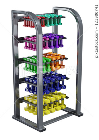 Gym Dumbbell rack with colorful dumbbells, weightlifting gym equipment stand 121980741