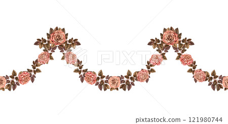 Floral seamless border. Vintage pink roses with green leaves. Pink-brown colors in the mocha mousse palette. Hand drawn botanical clipart for wedding, Valentine's Day, card, textile, web design Floral seamless border. Vintage pink roses with green leaves. Pink-brown colors in the mocha mousse palette. Hand drawn botanical clipart for wedding, Valentine's Day, card, textile, web design 121980744