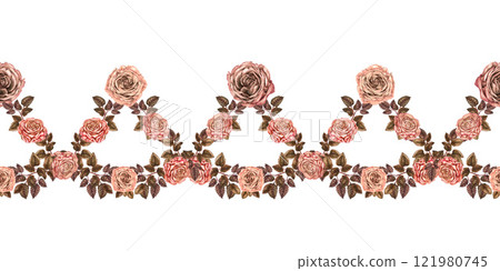 Floral seamless border. Vintage pink roses with green leaves. Pink-brown colors in the mocha mousse palette. Hand drawn botanical clipart for wedding, Valentine's Day, card, textile, web design Floral seamless border. Vintage pink roses with green leaves. Pink-brown colors in the mocha mousse palette. Hand drawn botanical clipart for wedding, Valentine's Day, card, textile, web design 121980745