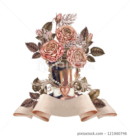 Beige empty paper ribbon banner and bronze vase with pink roses, green leaves. Watercolor illustration template for wedding design, Valentine's Day greeting, sticker, menu, scrapbook, header, poster 121980746