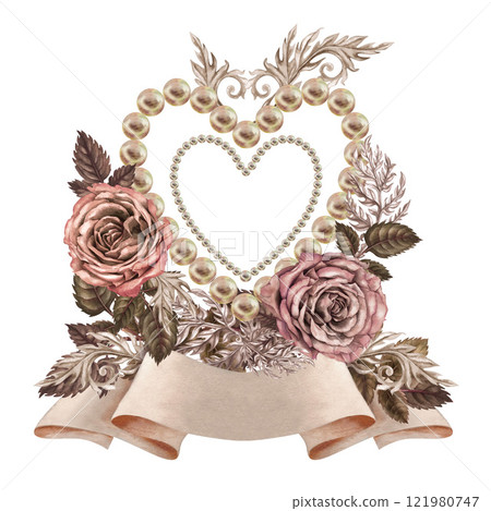 Pearl hearts and beige empty paper ribbon banner with pink roses, green leaves. Watercolor illustration template for wedding design, Valentine's Day greeting, sticker, menu, scrapbook, header 121980747