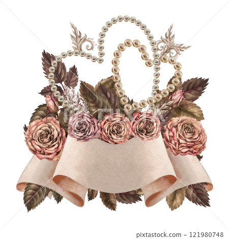 Pearl hearts and beige empty paper ribbon banner with pink roses, green leaves. Watercolor illustration template for wedding design, Valentine's Day greeting, sticker, menu, scrapbook, header 121980748