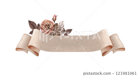 Beige empty paper ribbon banner with pink roses and green leaves. Watercolor illustration template for wedding design, Valentine's Day greeting, sticker, menu, scrapbook, header, announcement Beige empty paper ribbon banner with pink roses and green leaves. Watercolor illustration template for wedding design, Valentine's Day greeting, sticker, menu, scrapbook, header, announcement 121981061