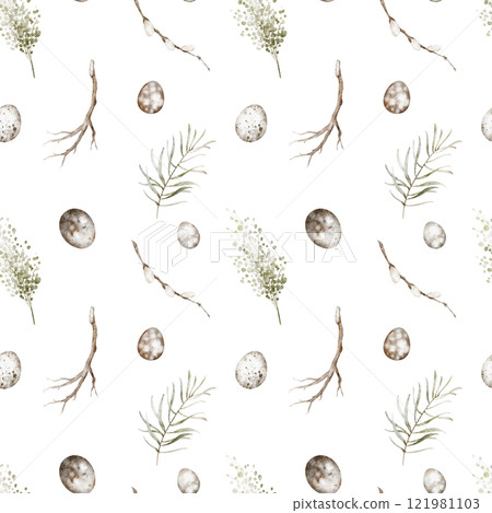 Seamless Pattern with Easter eggs and willow branches. Watercolor illustration of spring background for holiday wrapping paper or textile design. Drawing of floral ornament with delicate branches. 121981103