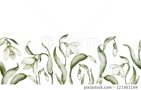 Watercolor Snowdrop and Floral seamless Border in white and green tones. Illustration spring blooming flowers and leaves for wedding invitations, botanical greeting cards. Background seasonal decor. Watercolor Snowdrop and Floral seamless Border in white and green tones. Illustration spring blooming flowers and leaves for wedding invitations, botanical greeting cards. Background seasonal decor. 121981104