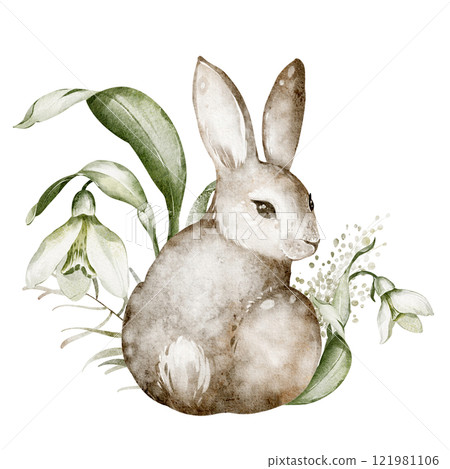 Watercolor bunny illustration with spring flowers. Hand-drawn artwork of a cute rabbit surrounded by snowdrops. For greeting cards, invitations, and Easter-themed designs. For nursery decorations. 121981106
