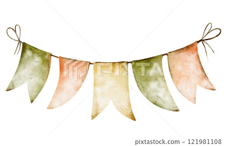 Bunting hanging garland Flag. Watercolor illustration of triangular garland in green and orange colors. Drawing of pennants for Baby shower party greeting cards or St. Patrick's day invitation cards. Bunting hanging garland Flag. Watercolor illustration of triangular garland in green and orange colors. Drawing of pennants for Baby shower party greeting cards or St. Patrick's day invitation cards. 121981108