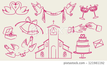 A set of illustrations for a retro-style wedding. Vintage ink wedding elements 121981192