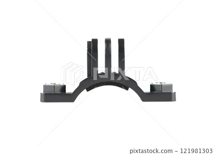 Black plastic fitting with metal thread on white background. Black plastic fitting with metal thread on white background. 121981303