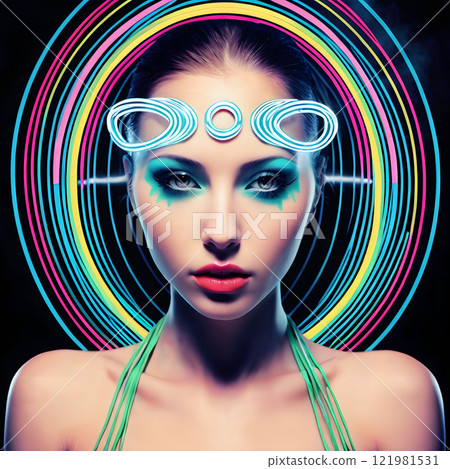 Futuristic Female Model with Neon Circles and Goggles 121981531