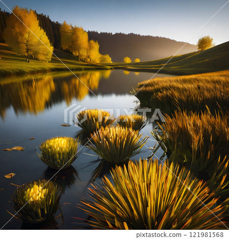 Golden Autumn Sunset Over Serene Lake with Floating Plants 121981568