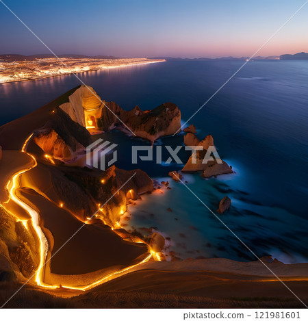 Nighttime Coastal Road with Illuminated Cliffs and Cityscape 121981601
