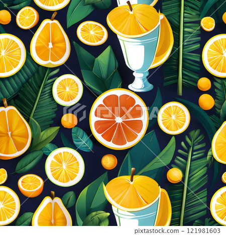 Citrus Pattern with Tropical Leaves and Summer Drinks 121981603