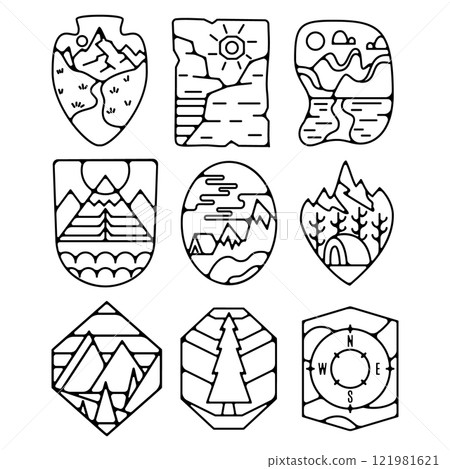 Camping silhouette badges set design. Adventure logo graphics. Outdoor nature label monochrome collection. Stock hiking artwork isolated Camping silhouette badges set design. Adventure logo graphics. Outdoor nature label monochrome collection. Stock hiking artwork isolated 121981621