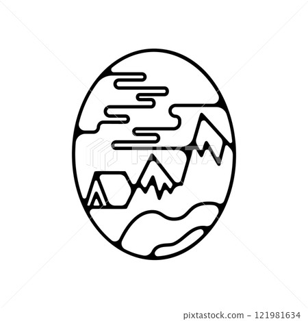 Camping silhouette badge design. Adventure logo graphics. Outdoor nature label monochrome. Stock hiking artwork Camping silhouette badge design. Adventure logo graphics. Outdoor nature label monochrome. Stock hiking artwork 121981634