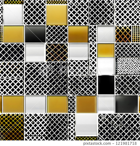 A Black And White Tiled Wall With Gold Accents 121981718