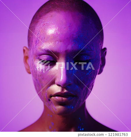 Artistic Portrait with Purple Lighting and Textured Skin 121981763