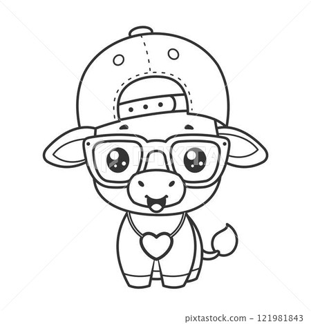 Cute cow wearing hat, glasses and necklace for coloring 121981843