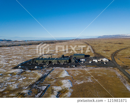 Aerial of industrial facility capturing carbon in the snowy volcanic landscape of Hellisheidi, Iceland highlights cutting edge technology aimed at promoting sustainability and environmental Aerial of industrial facility capturing carbon in the snowy volcanic landscape of Hellisheidi, Iceland highlights cutting edge technology aimed at promoting sustainability and environmental 121981871