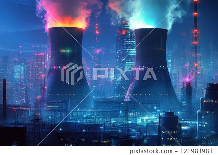 Conceptual art of a nuclear power plant in a futuristic cityscape, with neon lights and advanced technology. The composition highlights the contrast between industrialization and modernity. Conceptual art of a nuclear power plant in a futuristic cityscape, with neon lights and advanced technology. The composition highlights the contrast between industrialization and modernity. 121981981