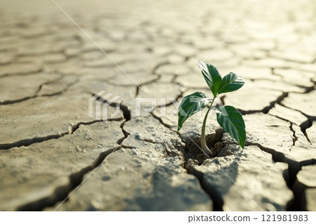 Conceptual art of a single green plant emerging from a barren, cracked landscape, representing the struggle for survival in harsh conditions. 121981983