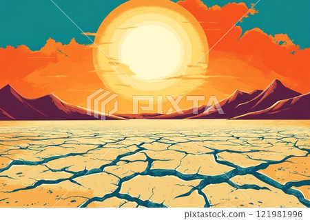 Illustration of a barren desert landscape with cracked earth and a scorching sun, representing the effects of climate change. 121981996