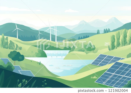 Illustration of a landscape featuring various sustainable energy sources, such as wind turbines, solar panels, and hydroelectric dams, set against a backdrop of rolling hills and a clear sky. 121982004