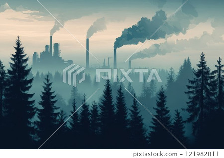 Pine forest covered in factory smoke, with the sky darkened by pollution. The composition highlights the impact of industrialization on nature. Pine forest covered in factory smoke, with the sky darkened by pollution. The composition highlights the impact of industrialization on nature. 121982011