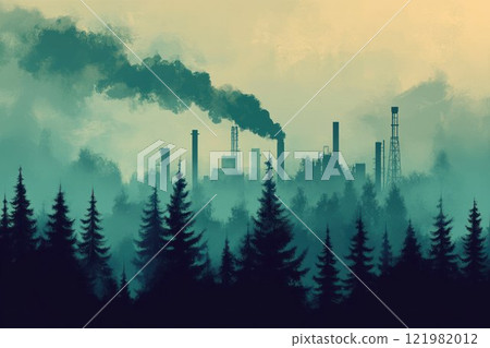 Pine forest covered in factory smoke, with the sky darkened by pollution. The composition highlights the impact of industrialization on nature. 121982012