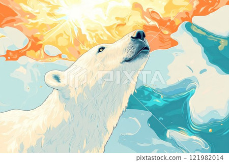 Digital painting of a polar bear looking at the sky. Global warming concept. 121982014
