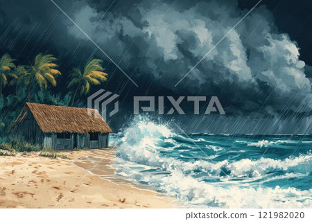 Beach hut with hurricane, raging seas and stormy skies. Digital painting. 121982020