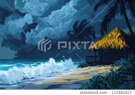 Beach hut with hurricane, raging seas and stormy skies. Digital painting. 121982021
