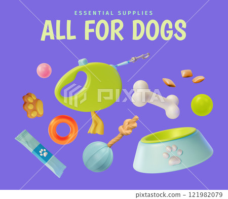 3d All for Dogs Shop Concept Ads Banner Promotion Poster Card. Vector illustration of Products for Domestic Animals 121982079