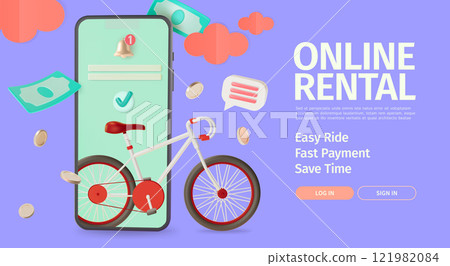 3d Online Rental Bicycle Travel and Tourism Concept Ads Banner Poster Card. Vector illustration of Mobile Phone App 121982084