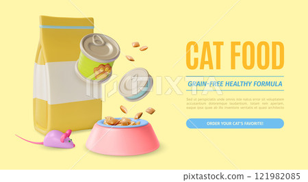 3d Cat Food Pet Shop Concept Ads Banner Promotion Poster Card. Vector illustration of Product Paper Bag, Plate and Mouse Toy 3d Cat Food Pet Shop Concept Ads Banner Promotion Poster Card. Vector illustration of Product Paper Bag, Plate and Mouse Toy 121982085